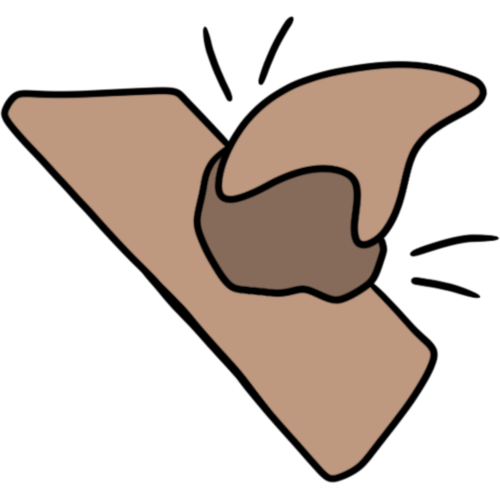 light brown hand shaped blob holds dark brown blob on top of tilted light brown plane. A few straight motion lines are on each side.